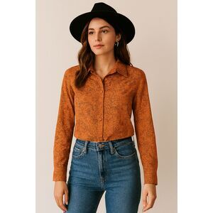 “Paisley Floral Button‑Down • Reddish Brown Boho Print Shirt (S)”